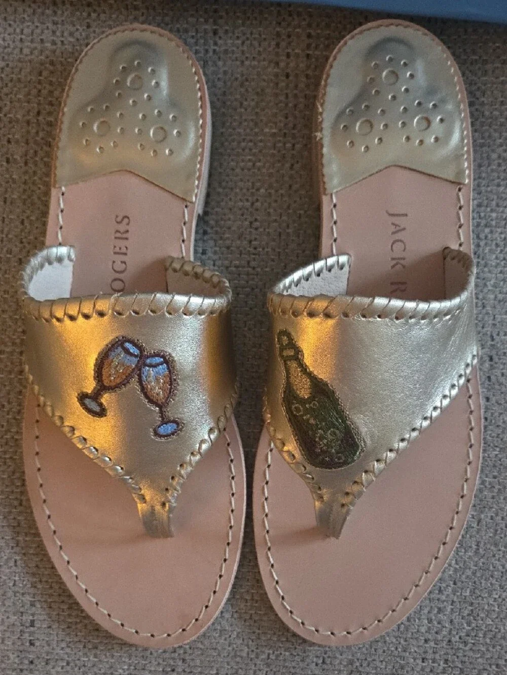 Jack Rogers Metallic Gold Embroidered Champagne Thong Sandals